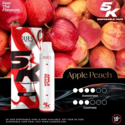 Jues 5000 Puffs กลิ่น Apple Peach (แอปเปิ้ล พีช) เป็นพอดใช้แล้วทิ้งที่จำนวนคำการในการสูบ 5,000 พัฟฟ์ เป็นพอตรุ่นใหม่ล่าสุดจากแบรนด์ Jues
