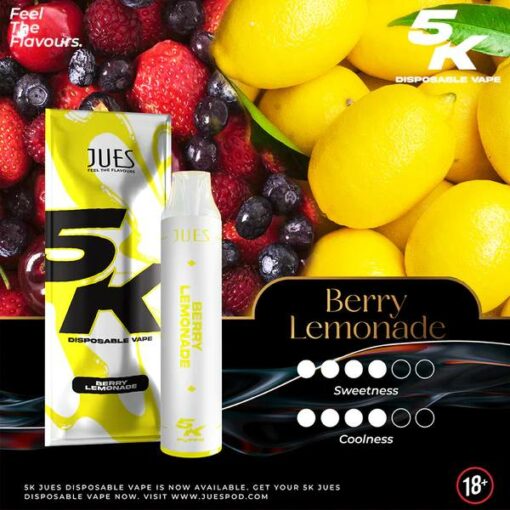 Jues 5000 Puffs กลิ่น Berry Lemonade (เบอร์รี่เลม่อน) เป็นพอดใช้แล้วทิ้งที่จำนวนคำการในการสูบ 5,000 พัฟฟ์ เป็นพอตรุ่นใหม่ล่าสุดจากแบรนด์ Jues