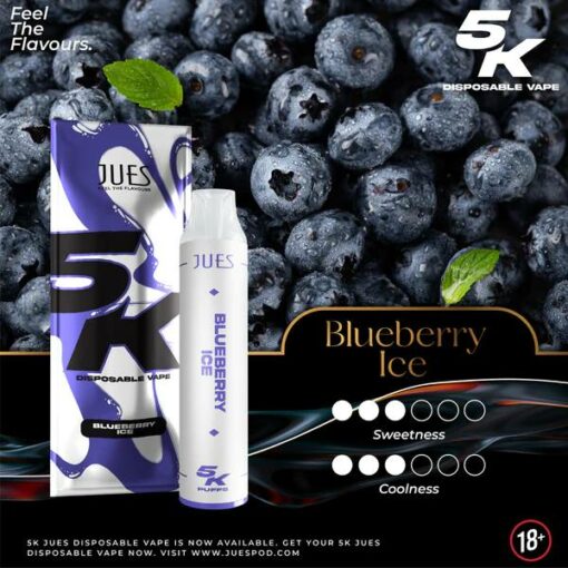 Jues 5000 Puffs กลิ่น Blueberry Ice (บลูเบอร์รี่) เป็นพอดใช้แล้วทิ้งที่จำนวนคำการในการสูบ 5,000 พัฟฟ์ เป็นพอตรุ่นใหม่ล่าสุดจากแบรนด์ Jues และเป็นพอตแบบใช้แล้วทิ้ง