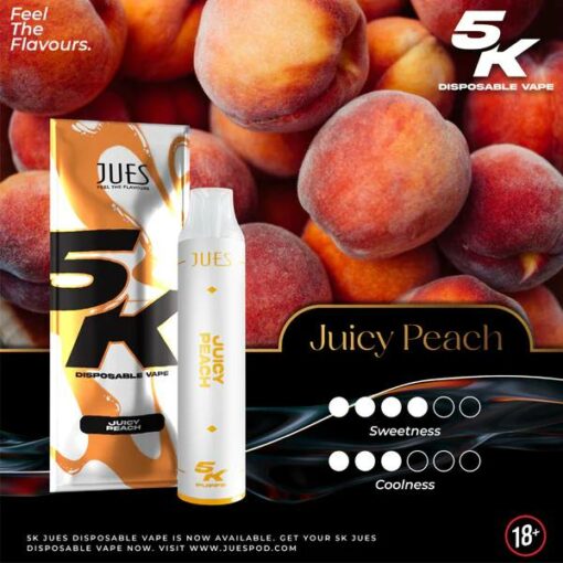 Jues 5000 Puffs กลิ่น Juicy Peach (พีช) เป็นพอดใช้แล้วทิ้งที่จำนวนคำการในการสูบ 5,000 พัฟฟ์ เป็นพอตรุ่นใหม่ล่าสุดจากแบรนด์ Jues และเป็นพอตแบบใช้แล้วทิ้ง