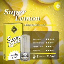 VMC Pod 2.5ml ลูกอมซุปเปอร์เลมอน (Super Lemon): มีกลิ่นหอมของเลมอนที่เข้มข้น และมีความเปรี้ยวเข้มข้นเหมือนกับลูกอมเลมอน