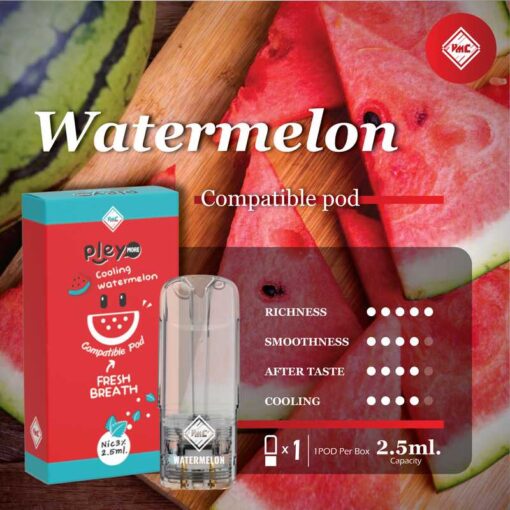 VMC Pod 2.5ml ลูกกอมเพลย์ (Play Watermelon): มีกลิ่นหอมของแตงโมที่สดชื่นและหวานอ่อน