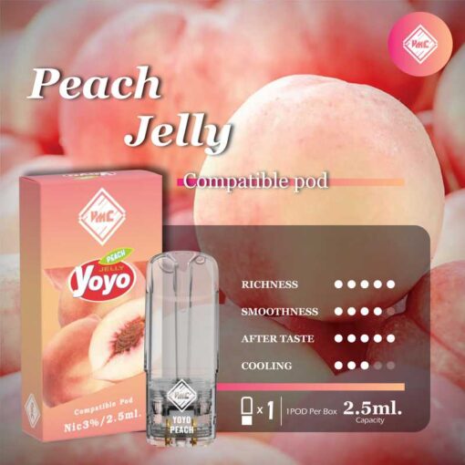 VMC Pod 2.5ml พีชเจลลี่ (Peach Jelly): มีกลิ่นหอมของพีชที่หวานอ่อน และมีความเป็นเนื้อเย็นเช่นเจลลี่