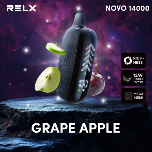 Relx Novo 14K กลิ่น องุ่นแอปเปิ้ล กลิ่นองุ่นแอปเปิ้ลเป็นการผสมผสานระหว่างองุ่นและแอปเปิ้ล ให้รสชาติหวานและกลิ่นหอมที่ชัดเจน ความหวานจากผลองุ่นและความสดชื่นจากแอปเปิ้ลทำให้กลิ่นนี้เป็นที่นิยม ความเย็นที่พอดีเพิ่มความสดชื่น ทำให้กลิ่นนี้เหมาะสำหรับการใช้ตลอดวัน ไม่ว่าจะเป็นในตอนเช้าหรือเย็น กลิ่นองุ่นแอปเปิ้ลยังมีความสามารถในการเพิ่มความผ่อนคลายและความสุข ทำให้คุณรู้สึกเหมือนกำลังทานผลไม้สดจากสวนที่เต็มไปด้วยความหวานฉ่ำ