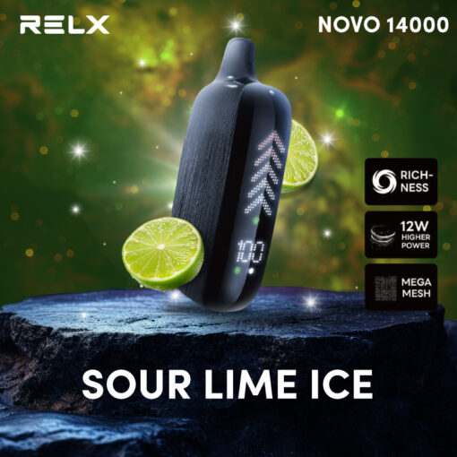 Relx Novo 14K กลิ่น ซาวร์ไลม์ไอซ์ กลิ่นซาวร์ไลม์ไอซ์เป็นการผสมผสานระหว่างความเปรี้ยวสดชื่นของไลม์และความเย็นจัด ทำให้เกิดรสชาติที่สดชื่นและไม่ซ้ำใคร ความหวานที่พอดีและความเย็นที่เพิ่มความสดชื่น ทำให้กลิ่นนี้เหมาะสำหรับการใช้ในช่วงเวลาที่ต้องการความสดชื่นและความกระปรี้กระเปร่า กลิ่นซาวร์ไลม์ไอซ์สามารถใช้ได้ตลอดวัน ไม่ว่าจะเป็นในตอนเช้าหรือเย็น ทำให้คุณรู้สึกสดชื่นและมีพลังงาน นอกจากนี้ กลิ่นนี้ยังมีความสามารถในการเพิ่มความผ่อนคลายและความสุข ทำให้คุณรู้สึกเหมือนกำลังสัมผัสกับลมทะเลสดชื่น